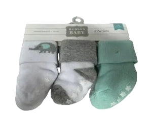 Non Skid Baby Socks (3) 0-6m Elephants (Grey & Pastel Green)