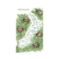 Parrs Tea Towel Kiwis On NZ Map